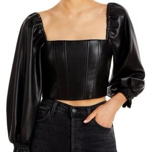7 For All Mankind Black Faux Leather bustier top w/ puff sleeve